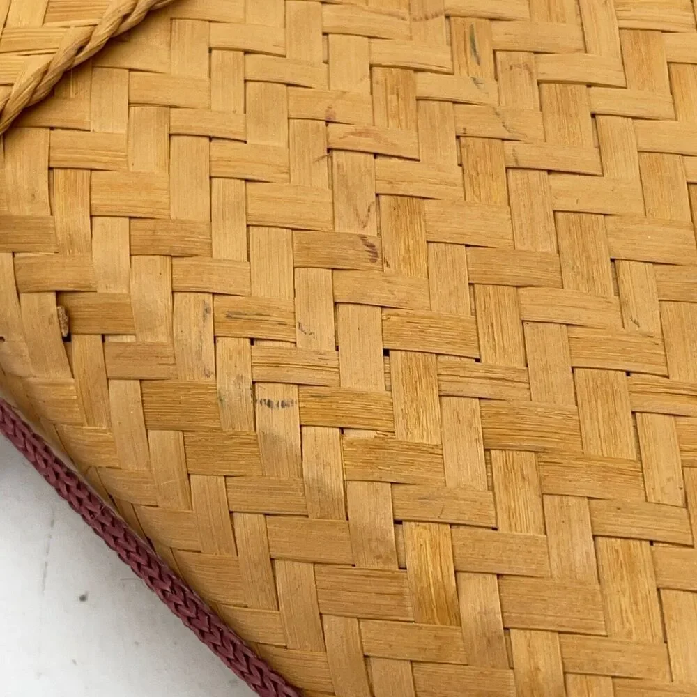 Handmade Woven Bag Backpack Vintage Basket Tan Bamboo With Lid & Chinese Coin